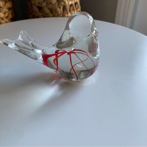 Art Glass Bird Figurine with Red color Ribbon detail thru-out. Murano style.